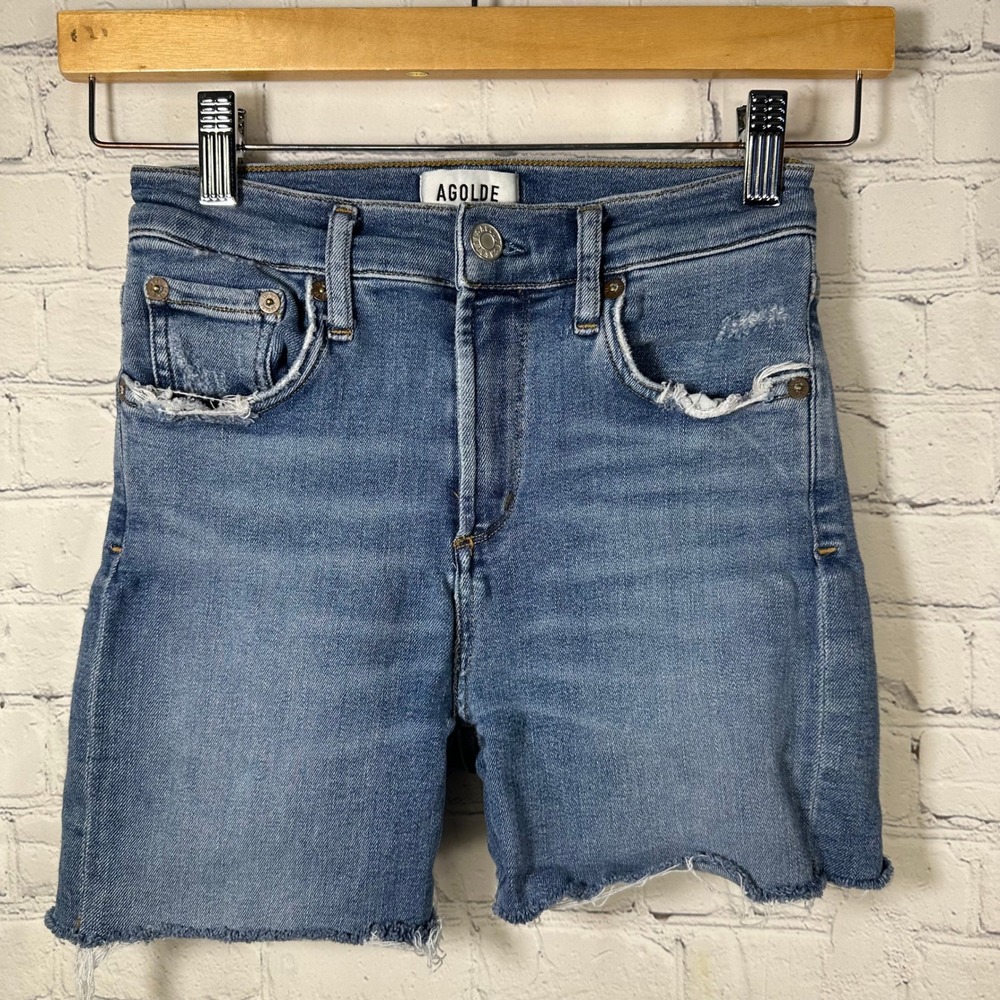 Agolde Sophie High Rise Denim Shorts Blue‎ Distressed Raw Hem A123B-1045 Size 26